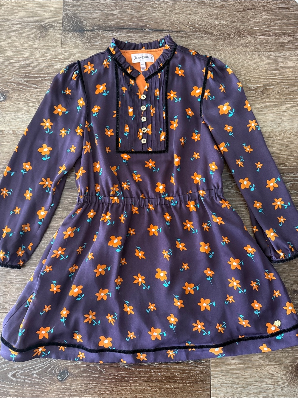 Juicy Couture Purple Floral Orange & Teal Print Long-Sleeve Dress Gold Buttons